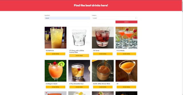 Website with a search bar and a list of drinks. Search recipes of your favourites drinks.